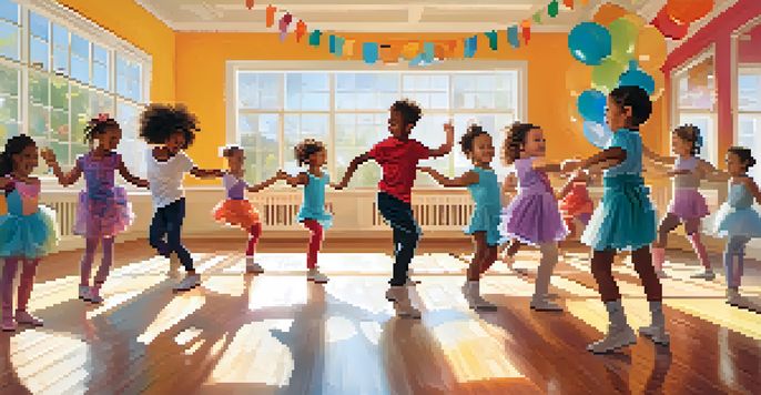 A lively dance class with diverse young children dancing joyfully in a brightly decorated room filled with sunlight.