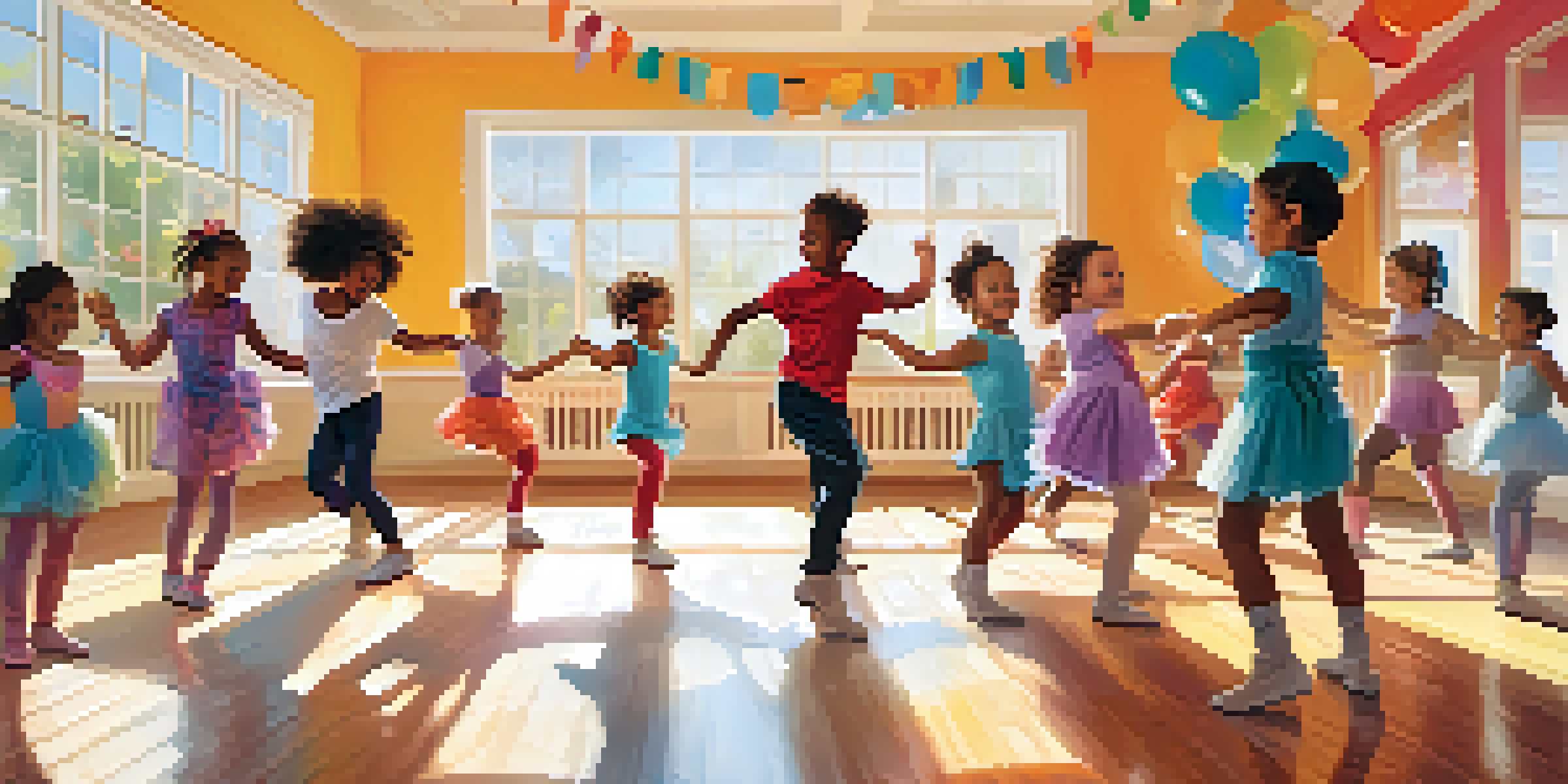 A lively dance class with diverse young children dancing joyfully in a brightly decorated room filled with sunlight.