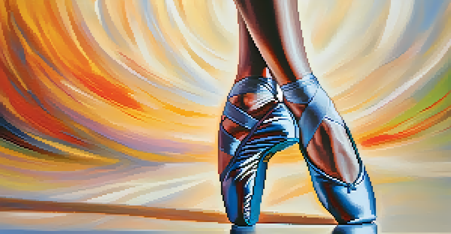 A close-up of a dancer's feet in motion, showcasing colorful shoes against a blurred background, highlighting the fluidity and grace of contemporary dance.