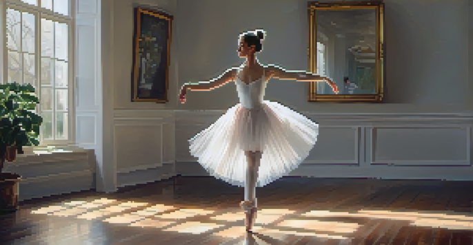 A ballerina dancing in a sunlit studio, showcasing her elegance and grace.