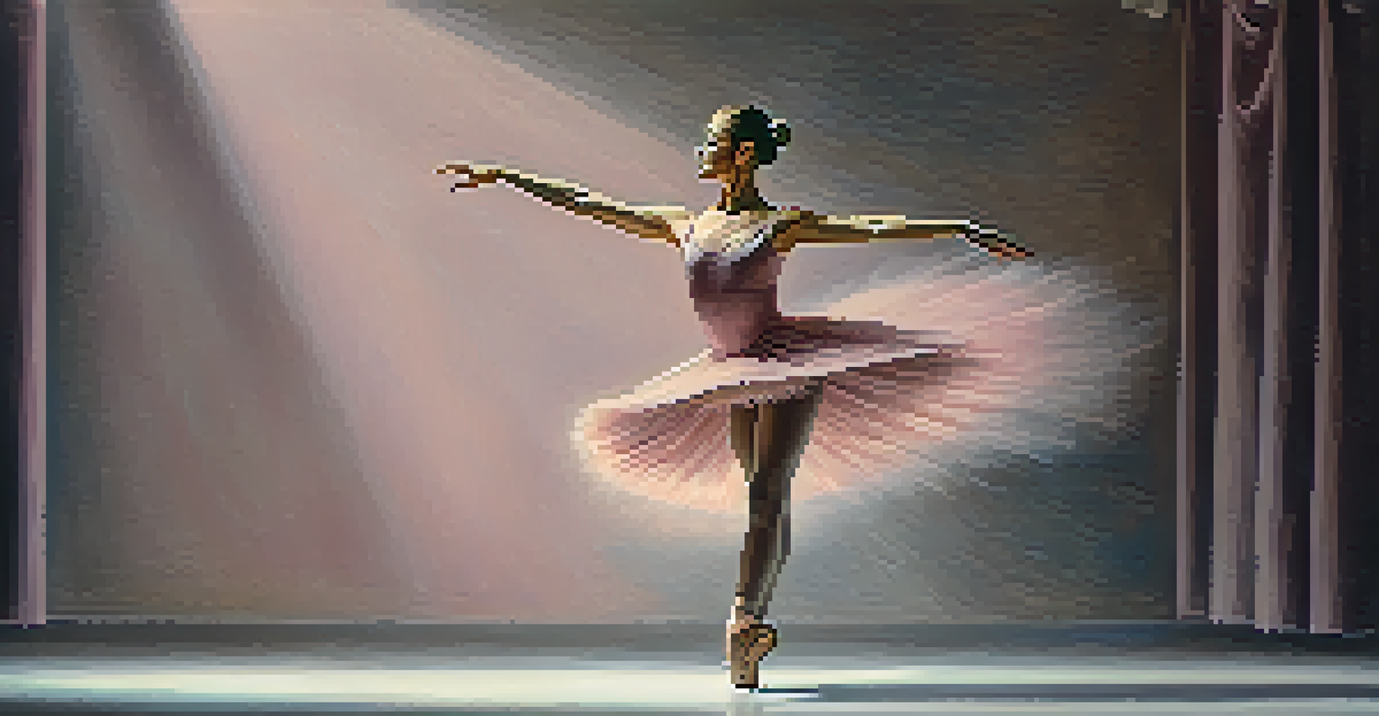 A ballet dancer in an arabesque position, balancing on one leg with arms extended, illuminated by a spotlight.