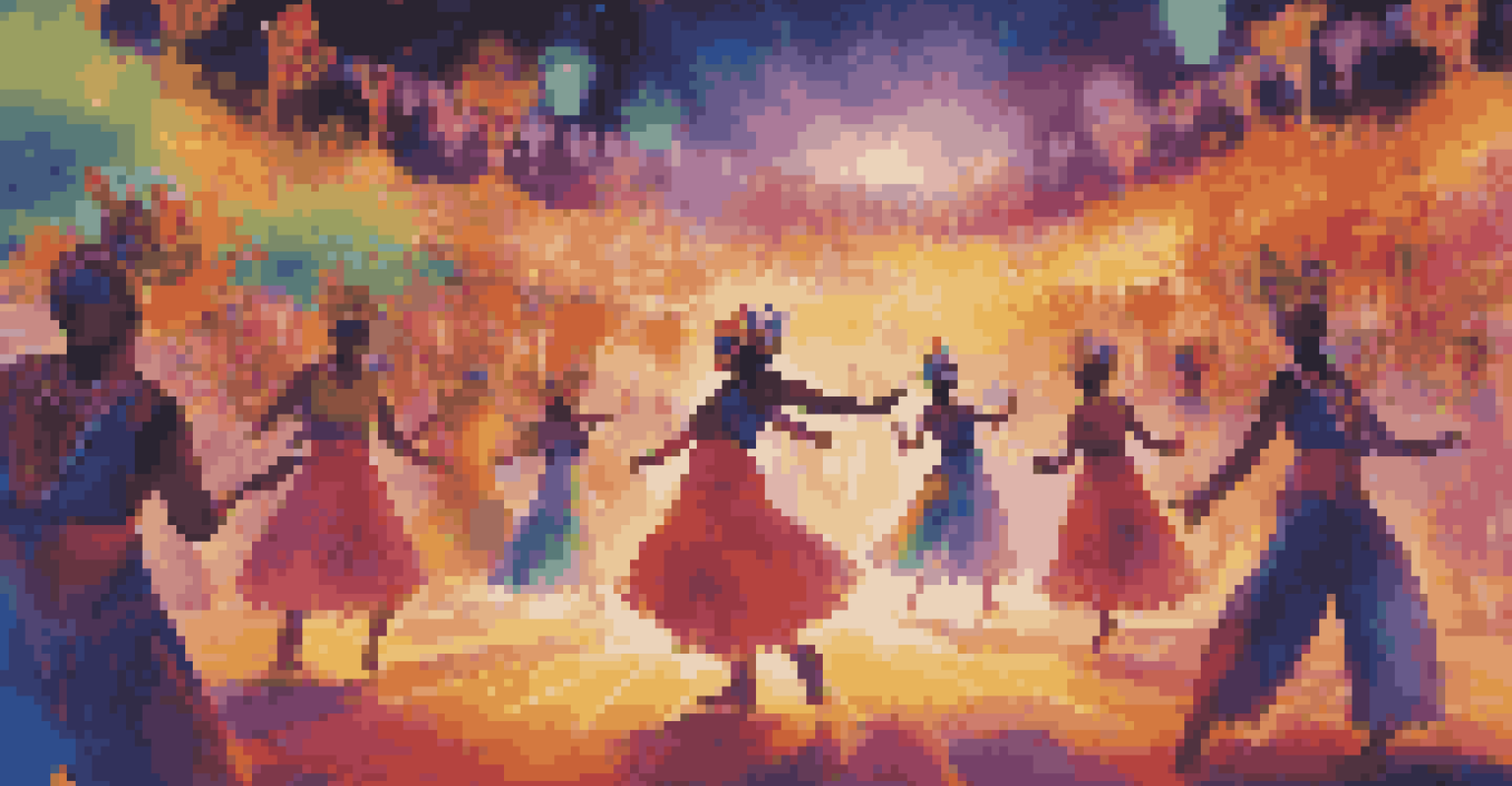 A person using a virtual reality headset immersed in a colorful traditional dance festival, surrounded by virtual dancers.