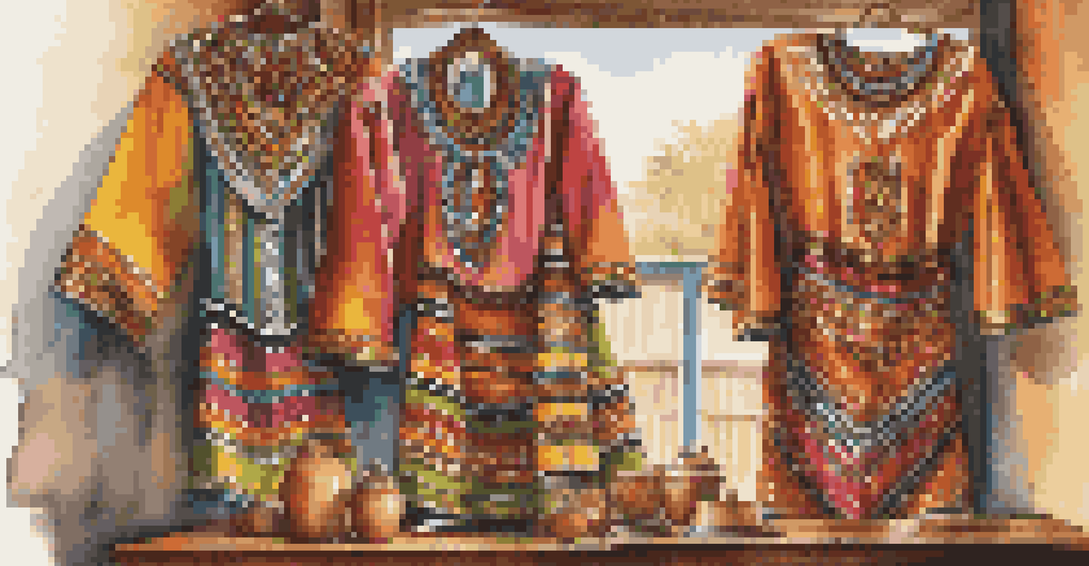 A close-up of traditional African dance costumes with bright colors and intricate beadwork on a wooden table.
