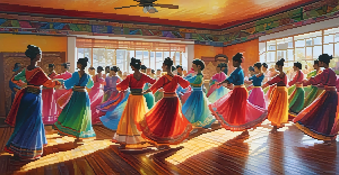 A diverse group of dancers in a colorful studio practicing traditional dances, with sunlight illuminating the space.