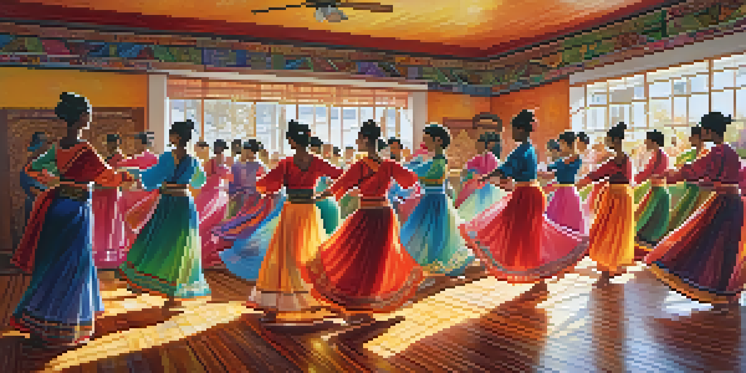 A diverse group of dancers in a colorful studio practicing traditional dances, with sunlight illuminating the space.