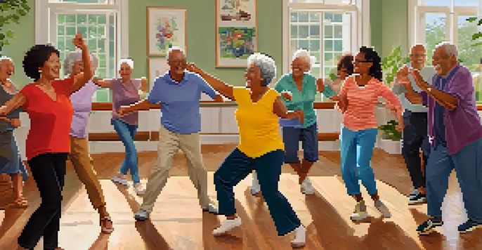 Seniors participating in a lively salsa dance class, smiling and enjoying the atmosphere.