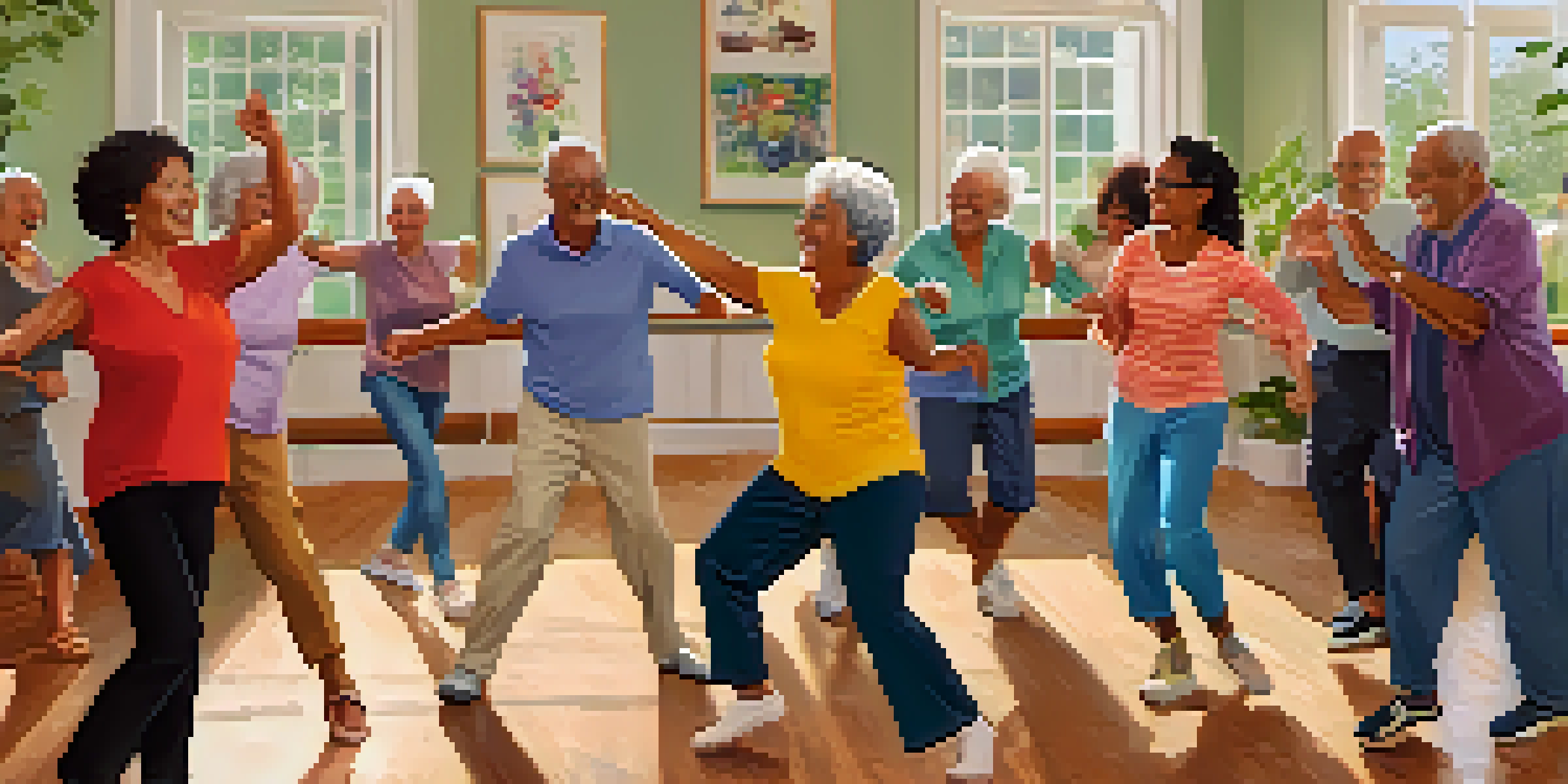 Seniors participating in a lively salsa dance class, smiling and enjoying the atmosphere.