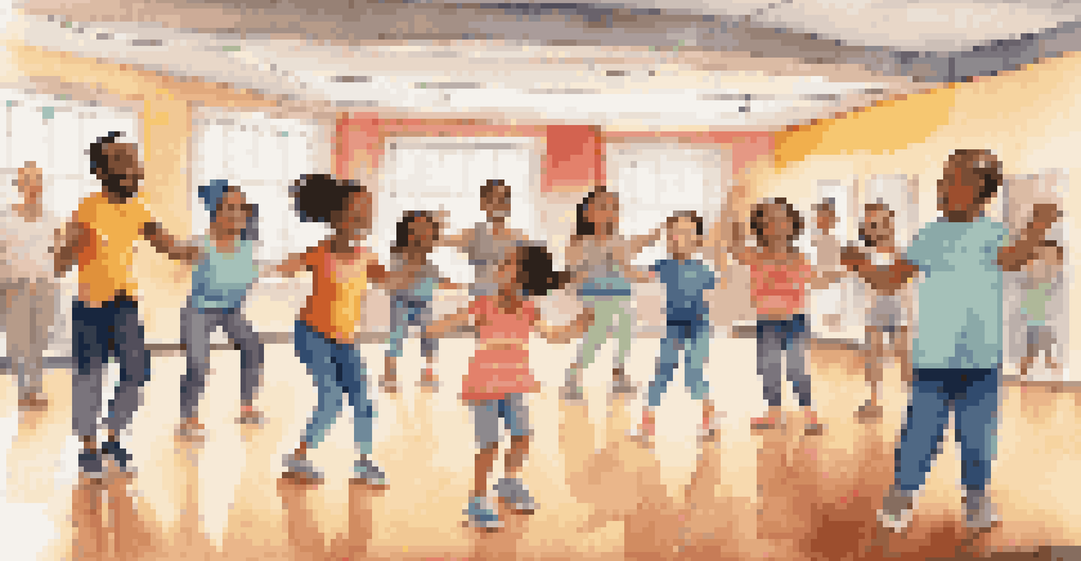A family enjoying a dance workshop together, with smiles and laughter, in a warm and inviting dance studio setting.