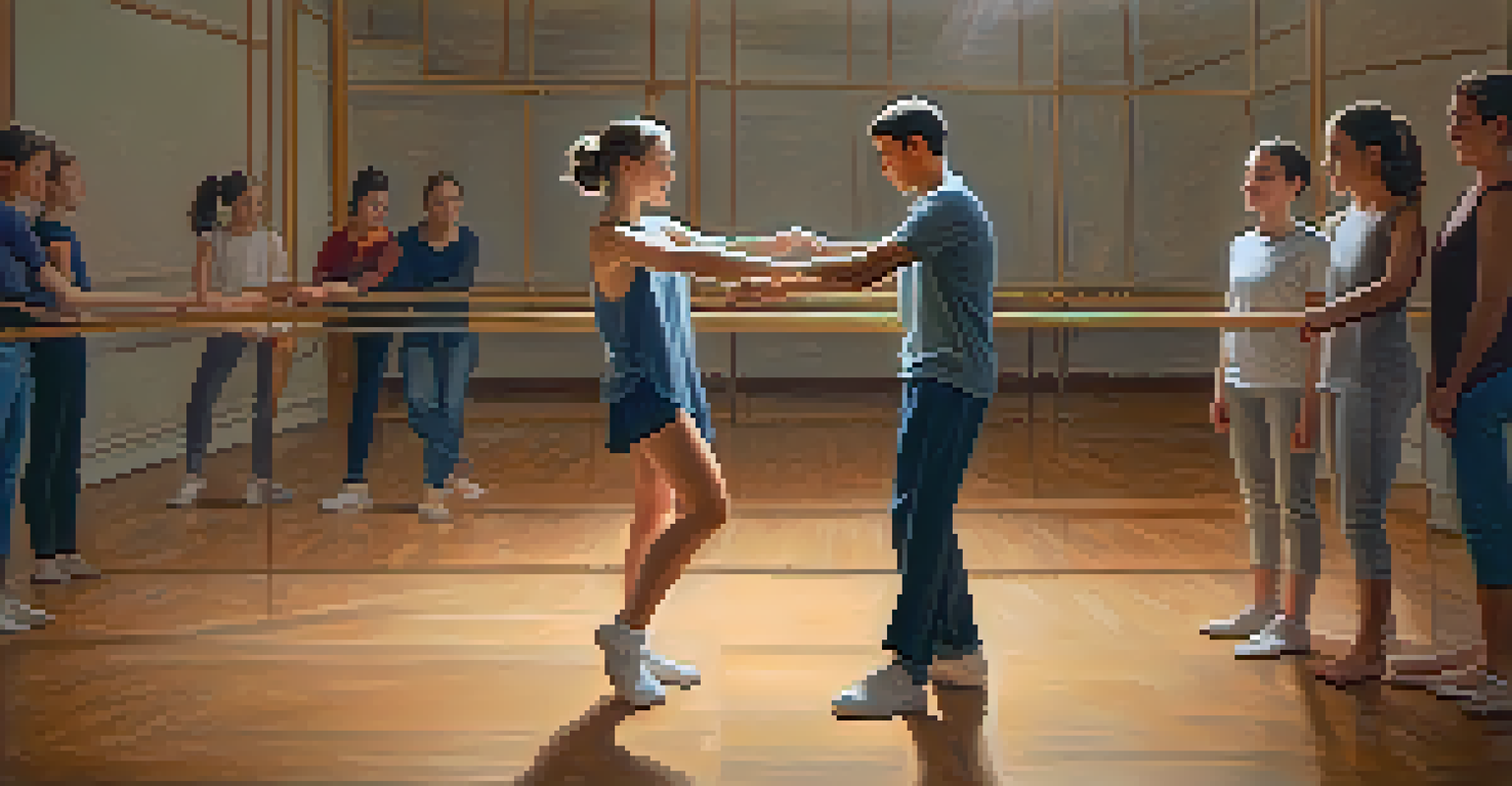 A young mentor helping a neurodiverse dancer practice, showcasing support and encouragement in a cozy studio.