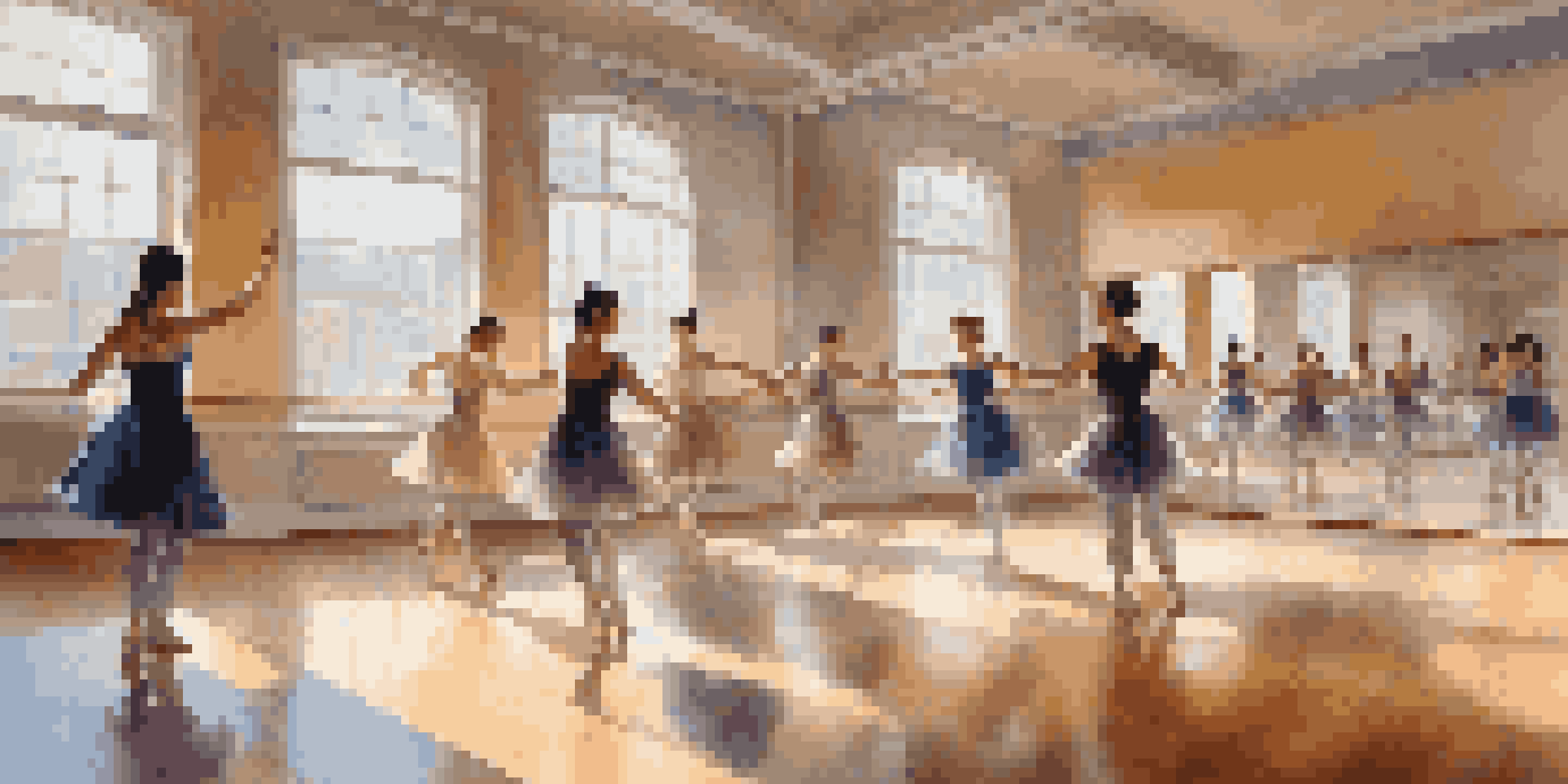 A lively dance studio with dancers of different backgrounds collaborating on choreography, with mirrors and sunlight illuminating the space.
