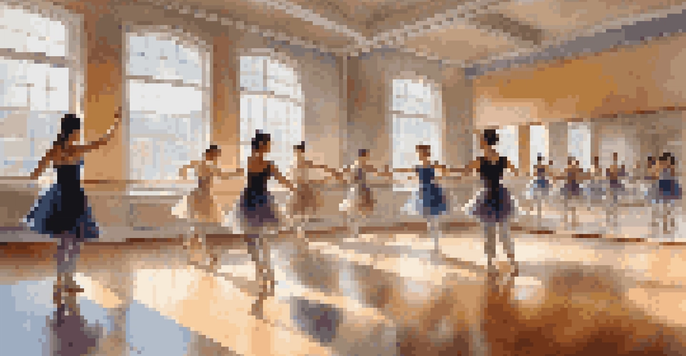 A lively dance studio with dancers of different backgrounds collaborating on choreography, with mirrors and sunlight illuminating the space.