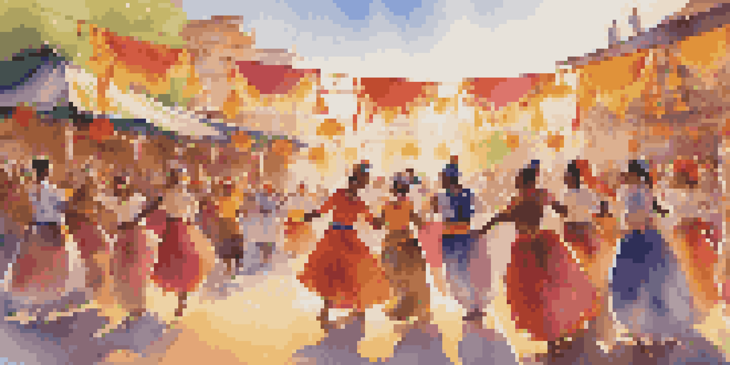 A lively outdoor dance festival with dancers in colorful costumes performing on stage, surrounded by an engaged audience and bright decorations.