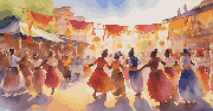 A lively outdoor dance festival with dancers in colorful costumes performing on stage, surrounded by an engaged audience and bright decorations.