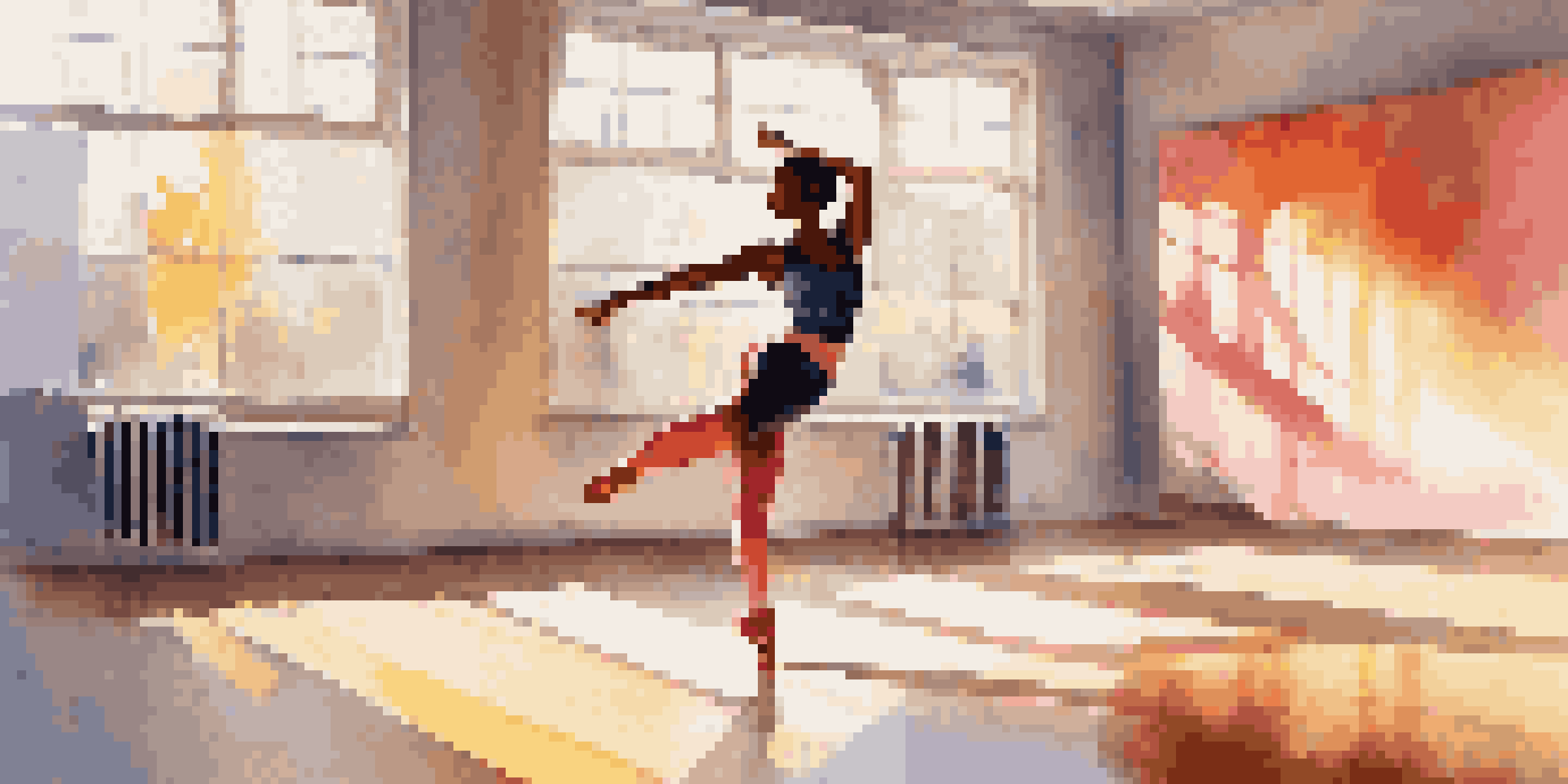 A dancer warming up in a bright studio, stretching and moving fluidly, with sunlight streaming through windows and colorful decor.
