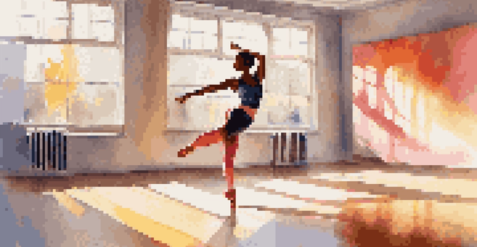 A dancer warming up in a bright studio, stretching and moving fluidly, with sunlight streaming through windows and colorful decor.