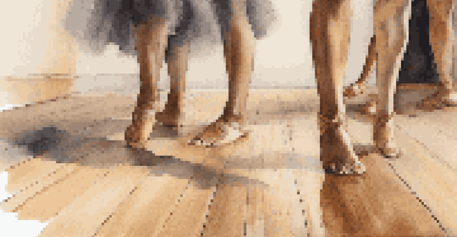 A close-up of a dancer's bare feet moving expressively on a wooden floor, highlighting the textures and ambient lighting of a dance therapy session.