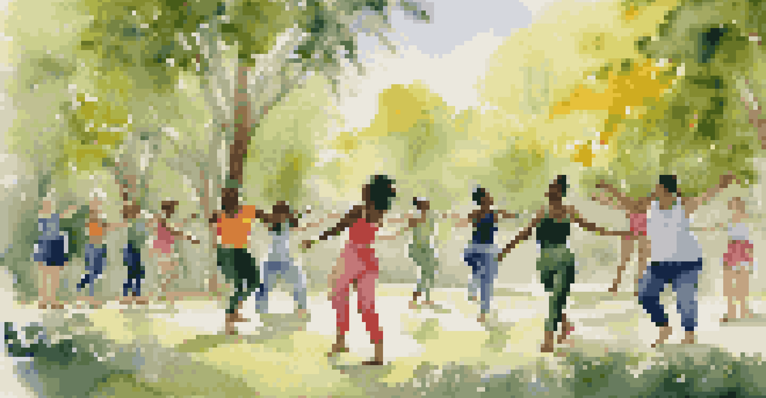 A group of diverse dancers in an outdoor workshop, practicing together in a natural setting with sunlight filtering through the trees.