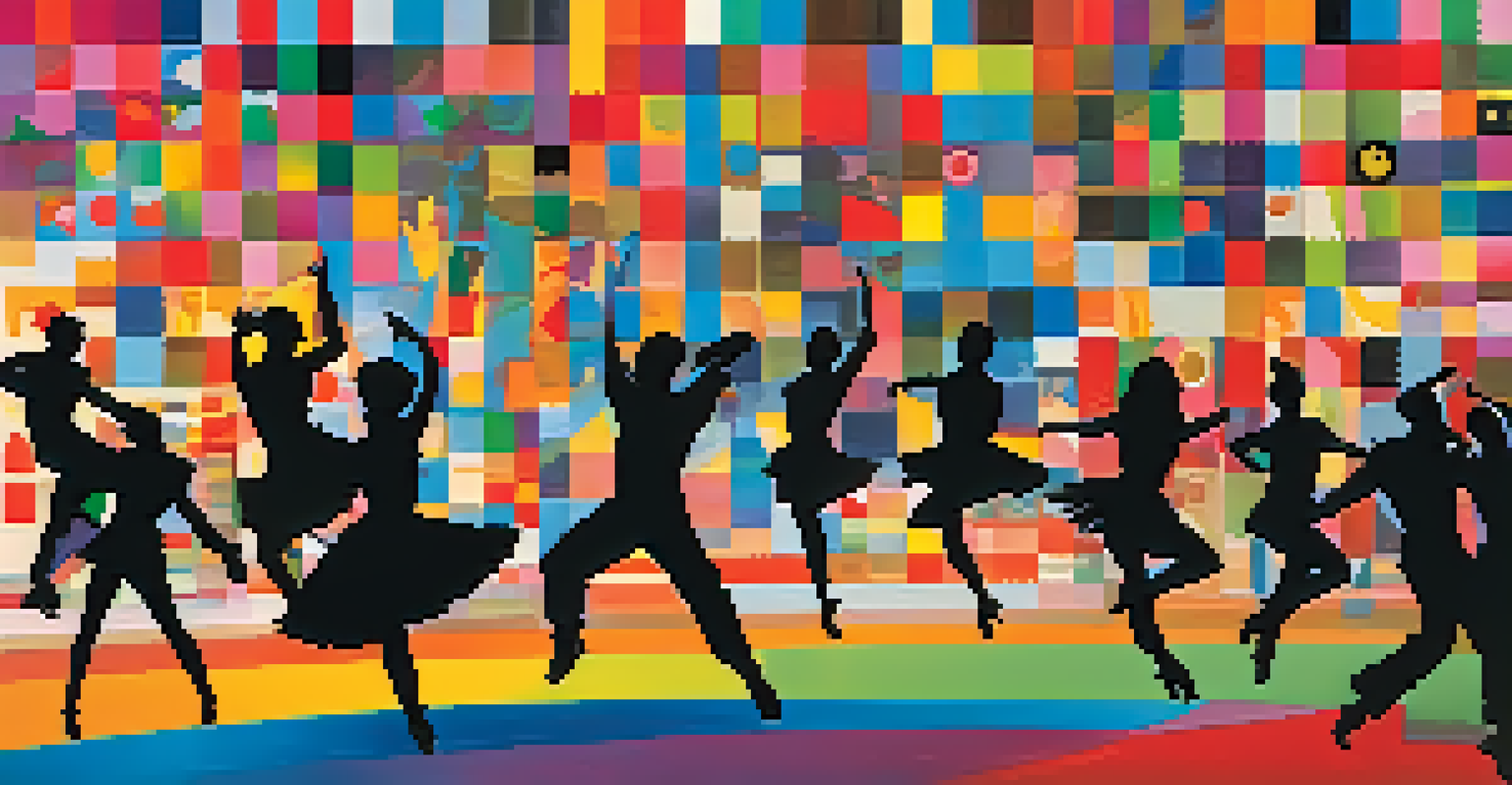 An abstract collage symbolizing dance criticism in the digital age, with dance silhouettes and social media icons.