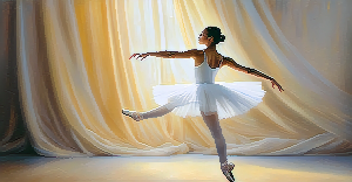 A ballet dancer in a white tutu performing a leap, with a warm golden glow around her and a soft pastel background.