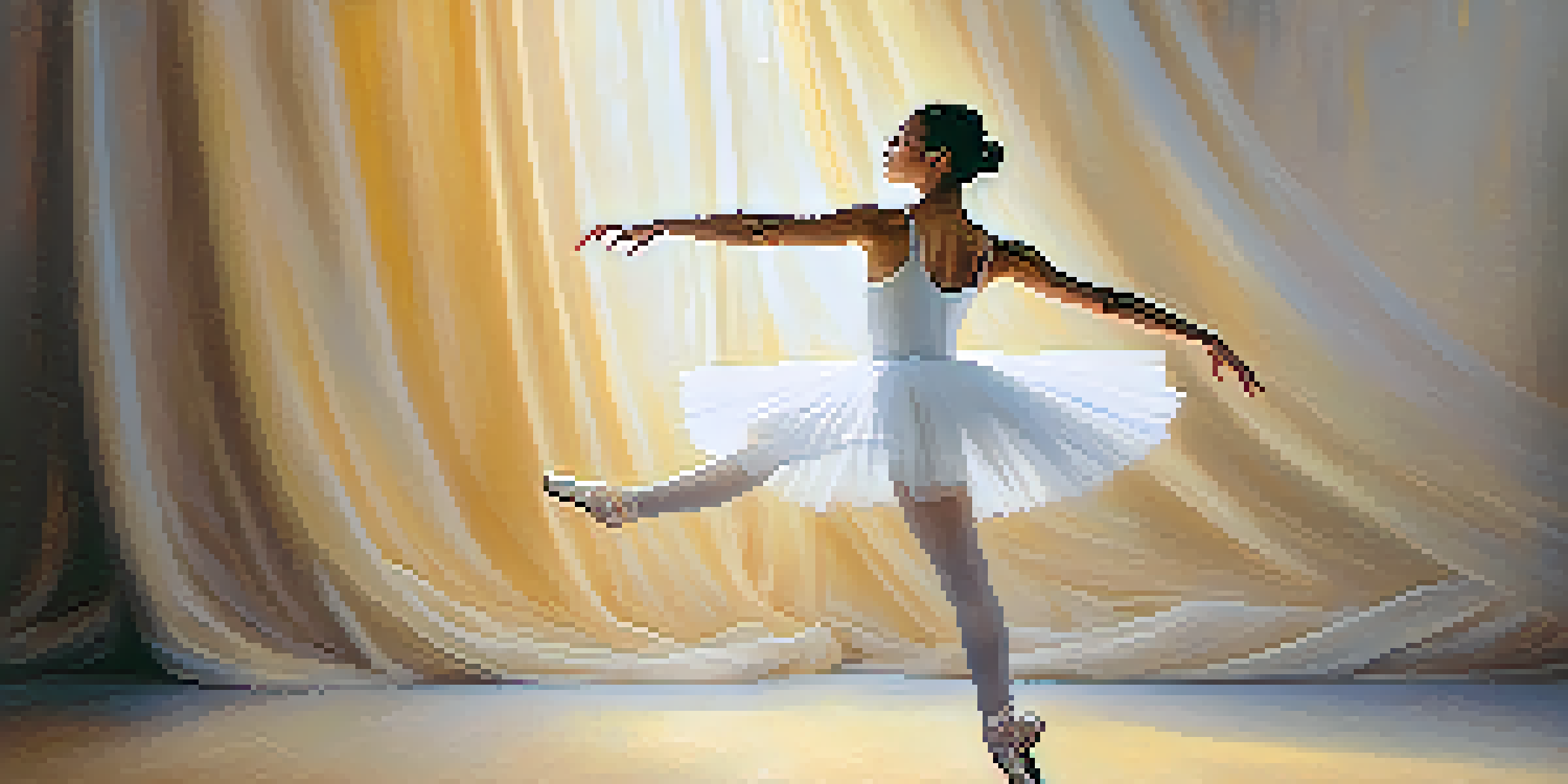 A ballet dancer in a white tutu performing a leap, with a warm golden glow around her and a soft pastel background.