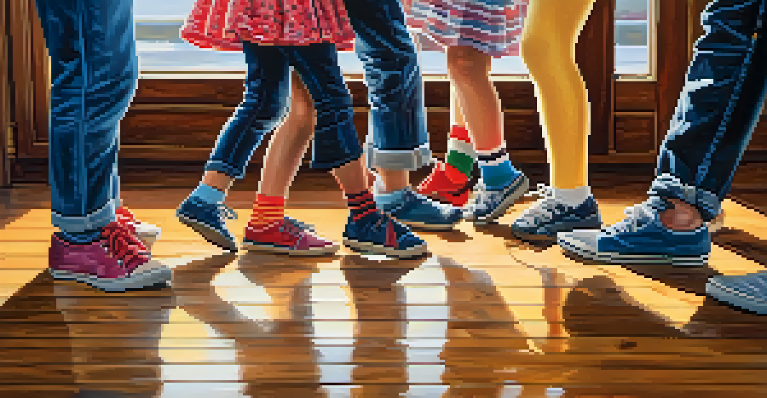 A close-up of a family's feet dancing on a wooden floor, highlighting their joyful movement.