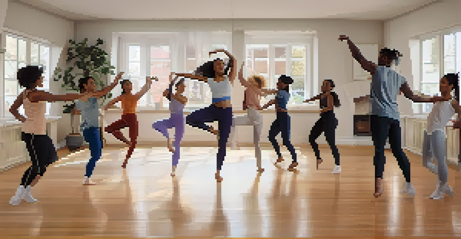 A split-screen view of diverse dancers participating in a virtual dance class from their homes, showing various dance styles and expressions.