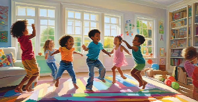 A vibrant and cheerful image of diverse children dancing joyfully in a well-lit living room, showcasing their happiness and creativity.