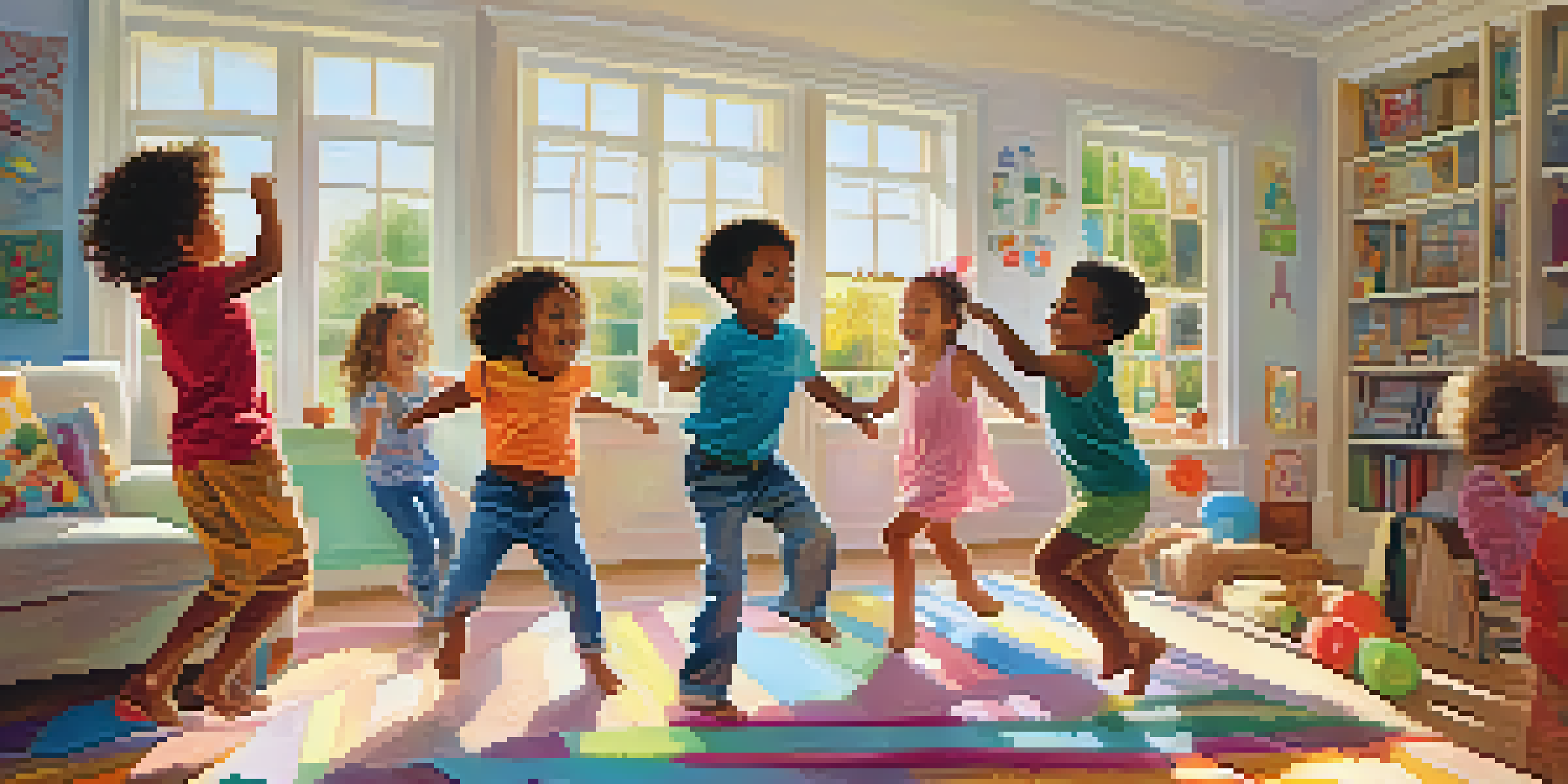 A vibrant and cheerful image of diverse children dancing joyfully in a well-lit living room, showcasing their happiness and creativity.