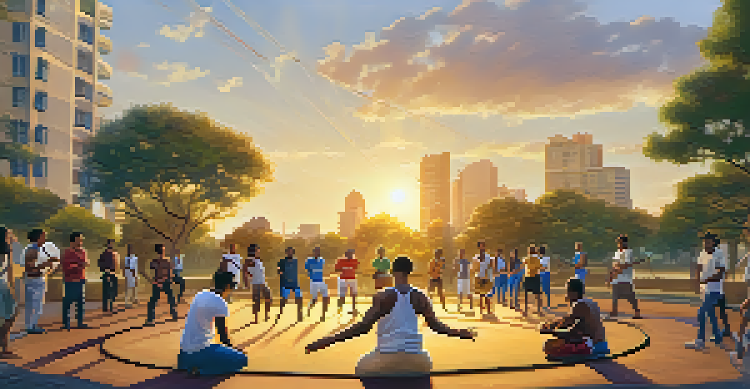 A Capoeira circle in an urban park at sunset, highlighting a musician playing the berimbau, with practitioners joyfully interacting.