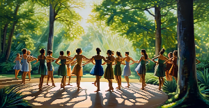 Dancers performing in a natural outdoor setting, surrounded by trees and sunlight, expressing joy and connection to nature.