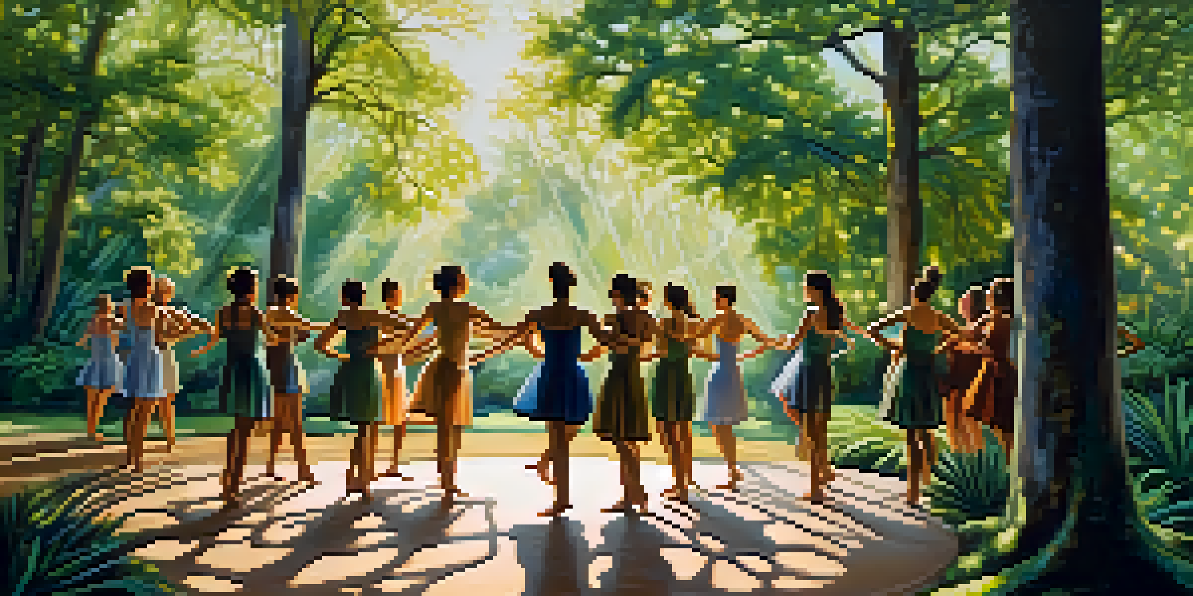Dancers performing in a natural outdoor setting, surrounded by trees and sunlight, expressing joy and connection to nature.