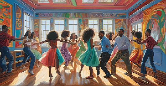 A diverse group of people dancing happily in a bright studio with colorful murals and mirrors, showcasing joy and connection.