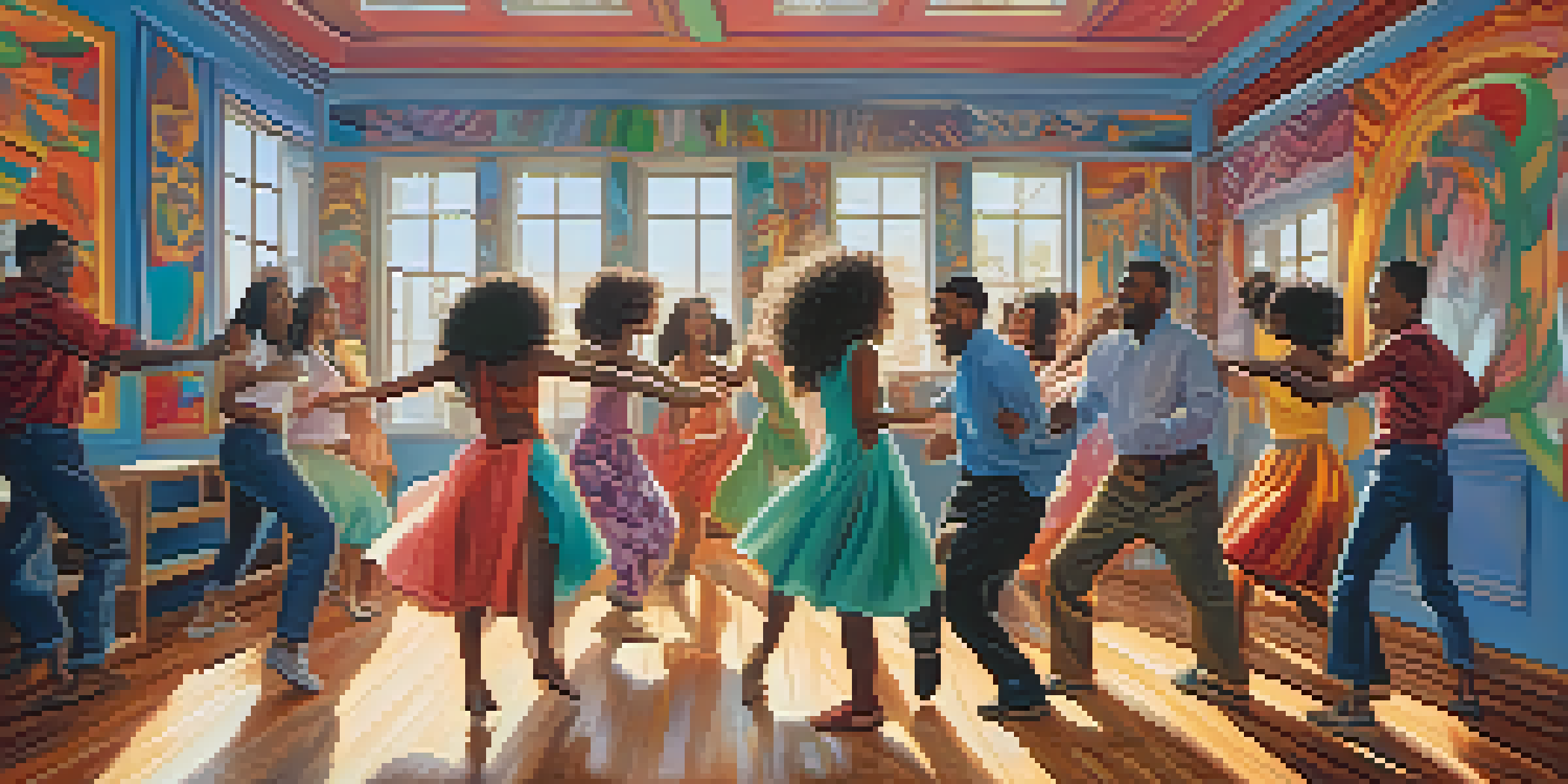 A diverse group of people dancing happily in a bright studio with colorful murals and mirrors, showcasing joy and connection.