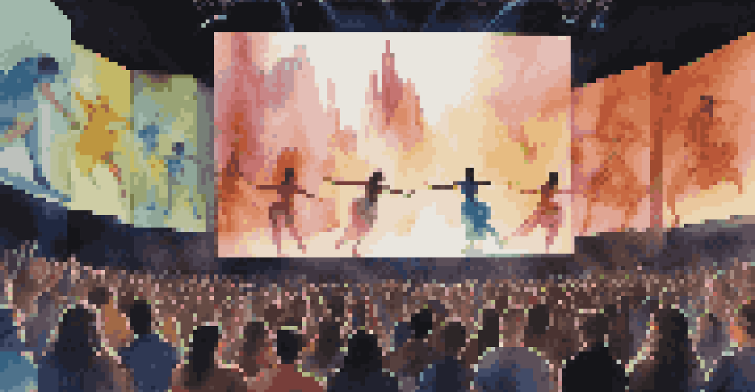 An audience watching a dance performance with projection mapping, showing emotional engagement and colorful stage lighting.