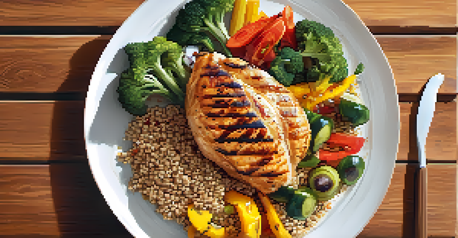 A close-up of a healthy meal plate with grilled chicken, colorful vegetables, and whole grains, arranged beautifully.