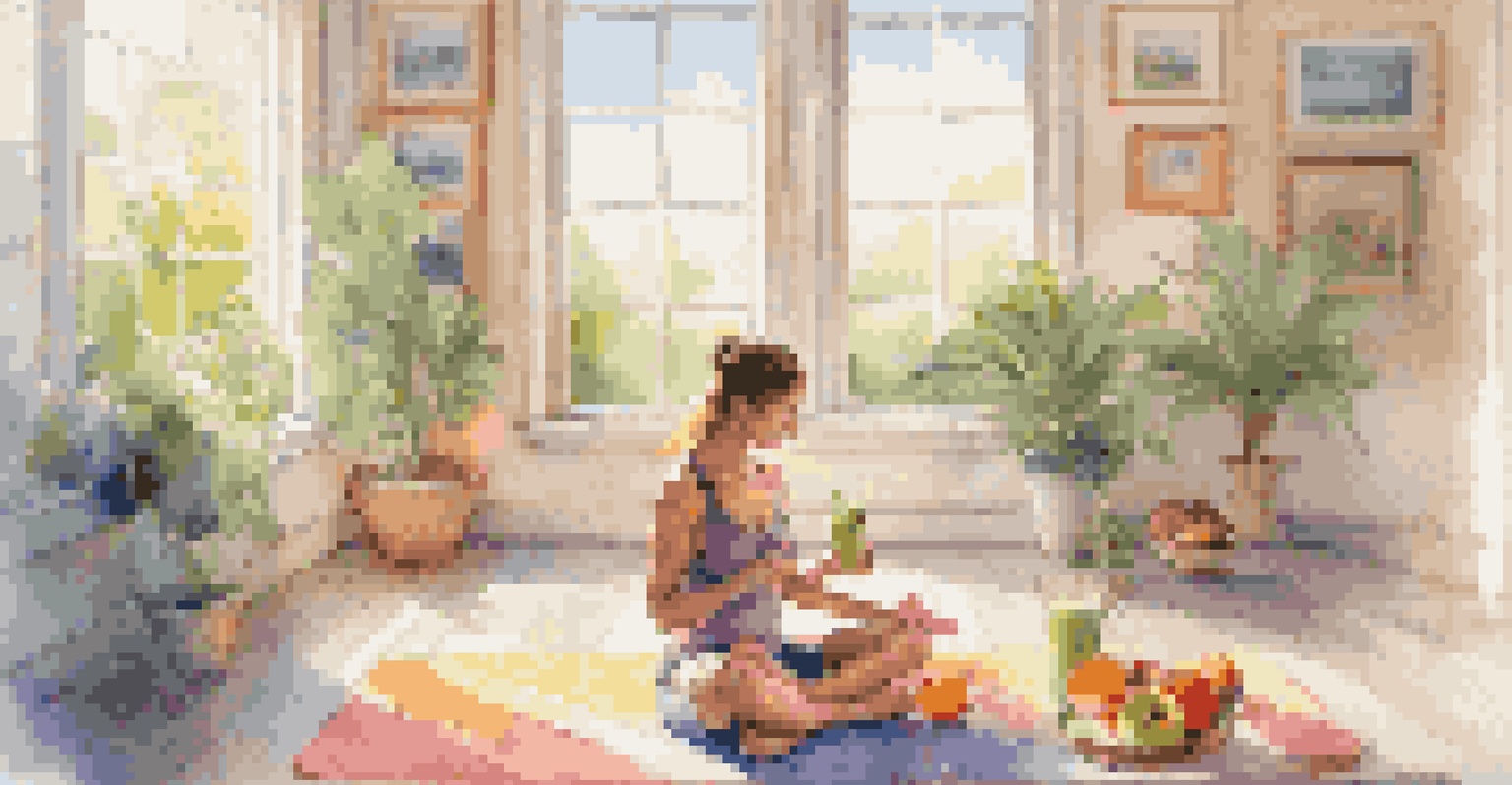 A dancer relaxing on a yoga mat while drinking a smoothie, surrounded by fruits and soft sunlight.