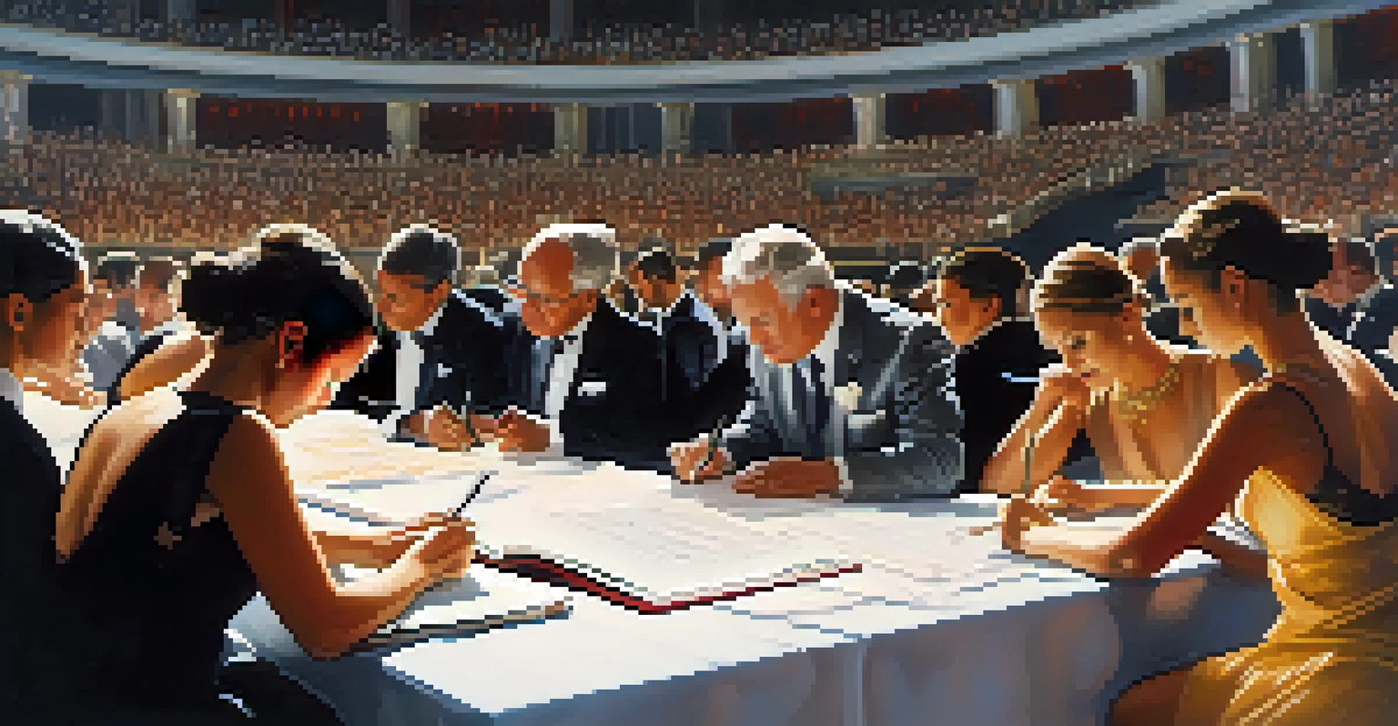 A close-up of a dance judge taking notes on a score sheet, seated at a table with trophies, while dancers perform in the background.