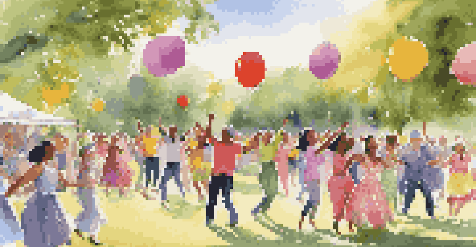 A diverse group of people dancing joyfully in a park during a festival, with colorful decorations and a sunny backdrop.