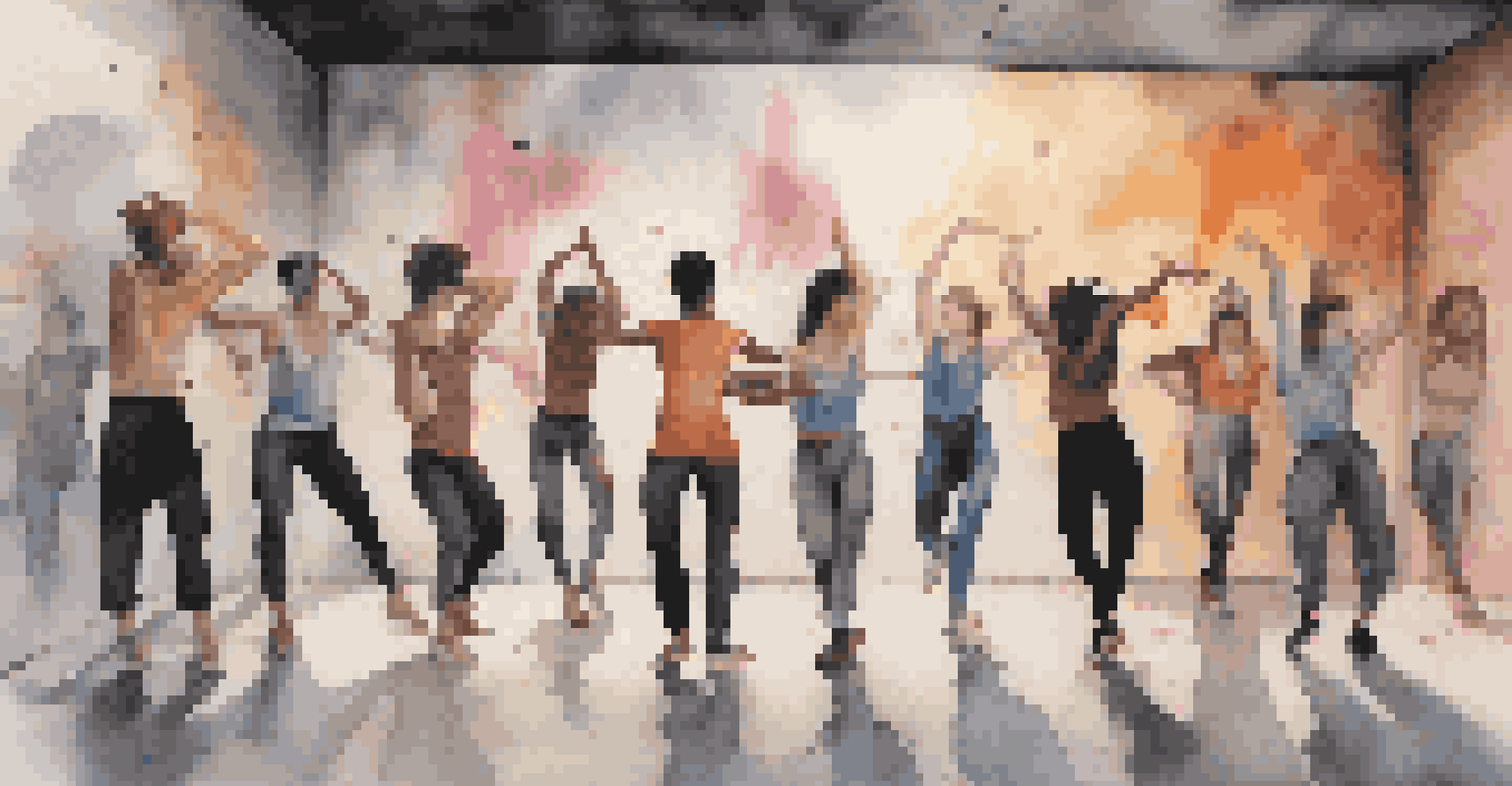 A contemporary dance performance in an urban area, with dancers showcasing fluid movements that blend masculine and feminine styles against a colorful graffiti wall.