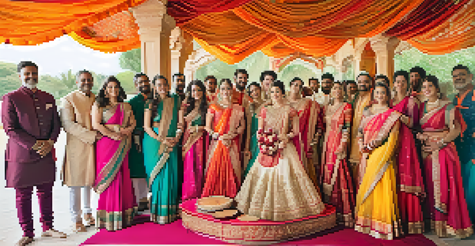 A lively Indian wedding celebration with dancers in colorful attire and traditional decorations.