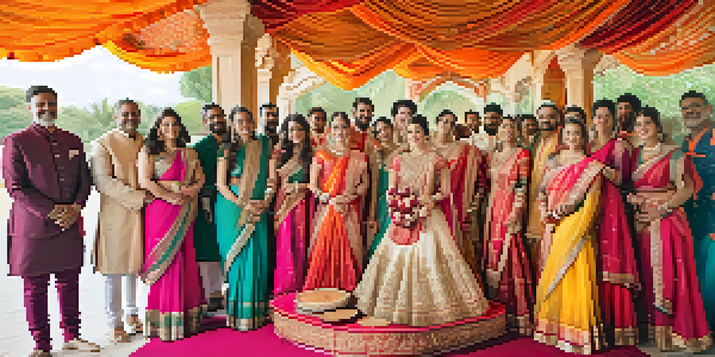 A lively Indian wedding celebration with dancers in colorful attire and traditional decorations.