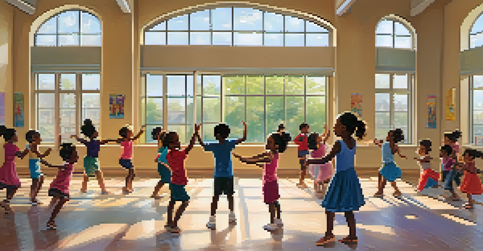 A community dance workshop with children from diverse backgrounds participating in a dance class, illuminated by natural light, with art related to dance on the walls.