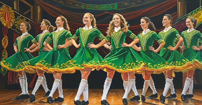 A group of dancers in traditional Irish costumes performing lively footwork on a wooden stage, with colorful banners in the background.