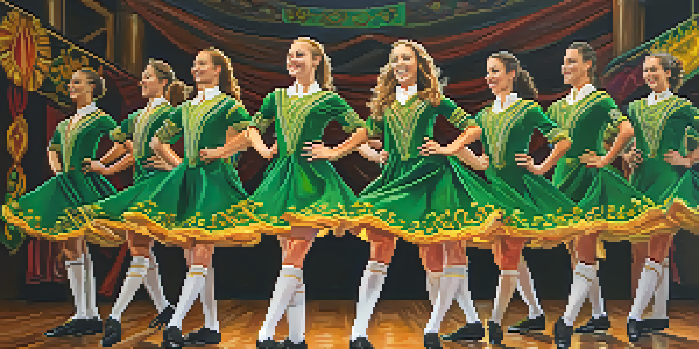 A group of dancers in traditional Irish costumes performing lively footwork on a wooden stage, with colorful banners in the background.