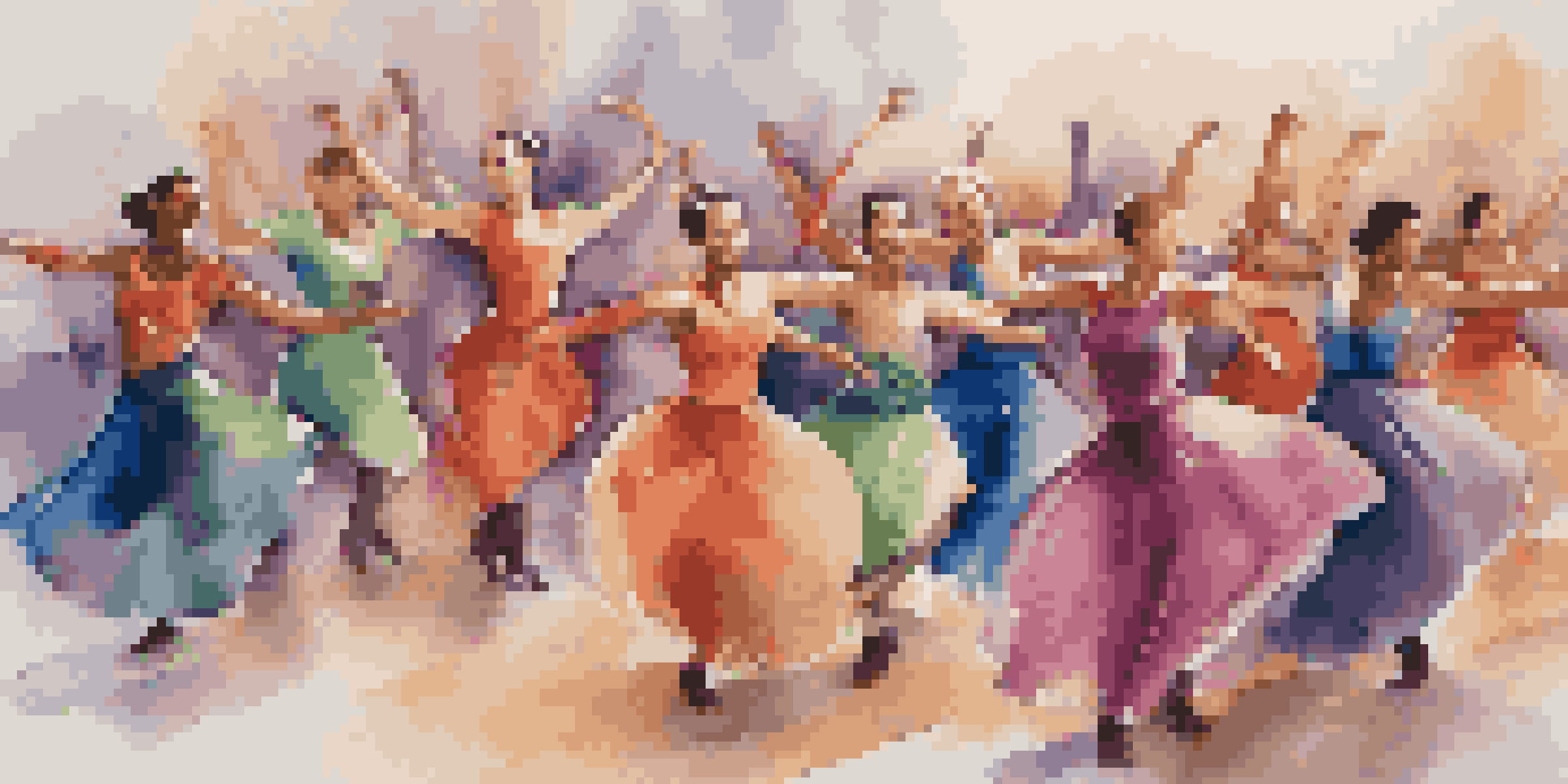 A diverse group of dancers performing adaptive dance with colorful scarves and ribbons, showcasing joy and fluidity in movement, under warm lighting.