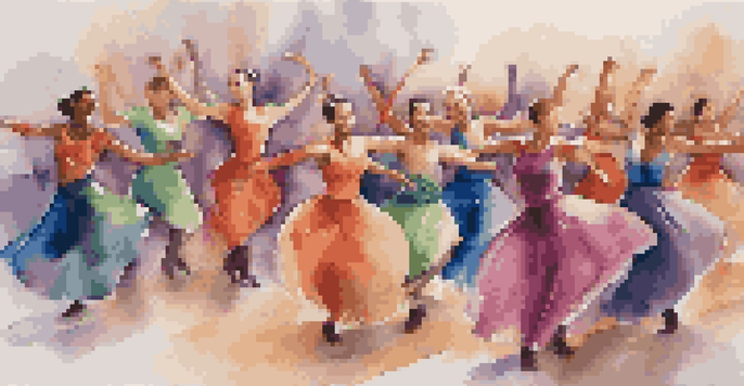 A diverse group of dancers performing adaptive dance with colorful scarves and ribbons, showcasing joy and fluidity in movement, under warm lighting.