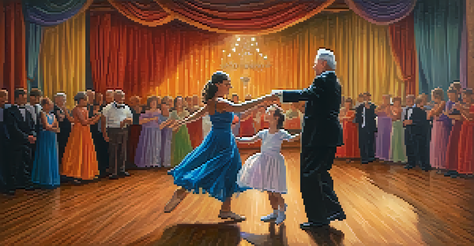 A grandparent and child performing a waltz on stage, surrounded by a captivated audience, with soft lighting creating a warm atmosphere.