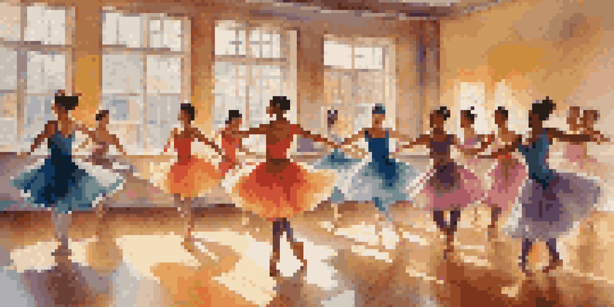 A diverse group of dancers performing in a sunlit studio, showcasing dynamic poses and expressions of joy.