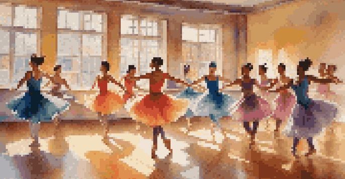 A diverse group of dancers performing in a sunlit studio, showcasing dynamic poses and expressions of joy.