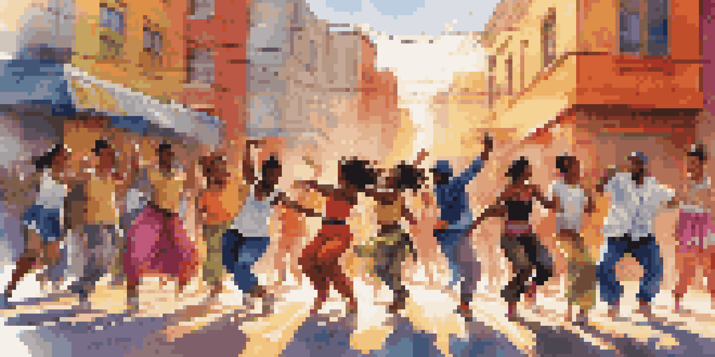A lively street dance performance with diverse dancers in urban surroundings, showcasing a blend of traditional and contemporary dance styles.